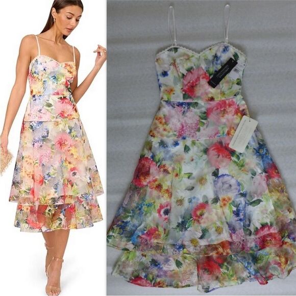 Adrianna Papell ADAE211291 Printed Embroidered Fit & Flare Floral $243 - Picture 6 of 8